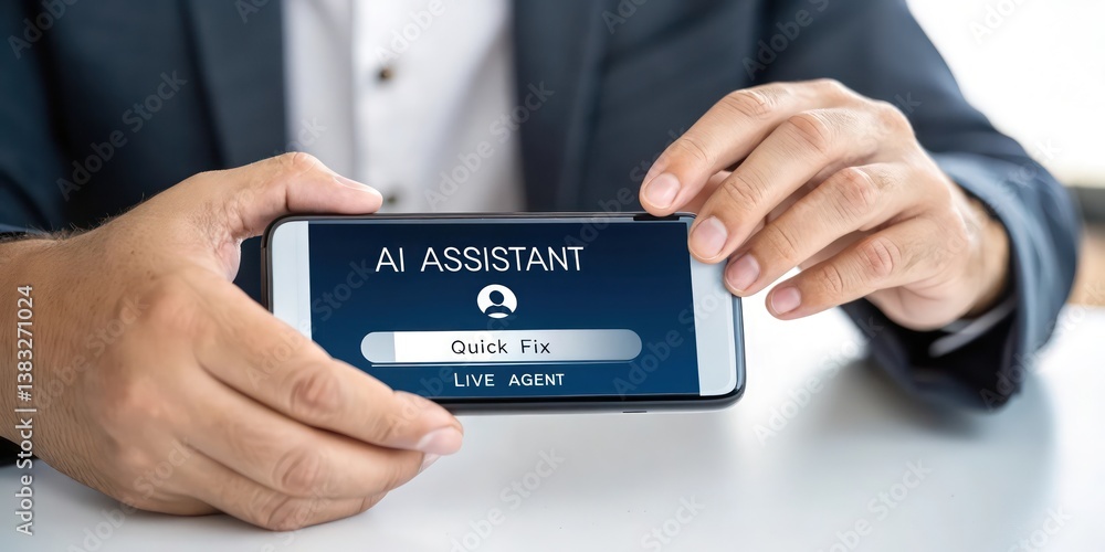 Poster businessman using ai assistant app on mobile phone, showcasing customer service and support