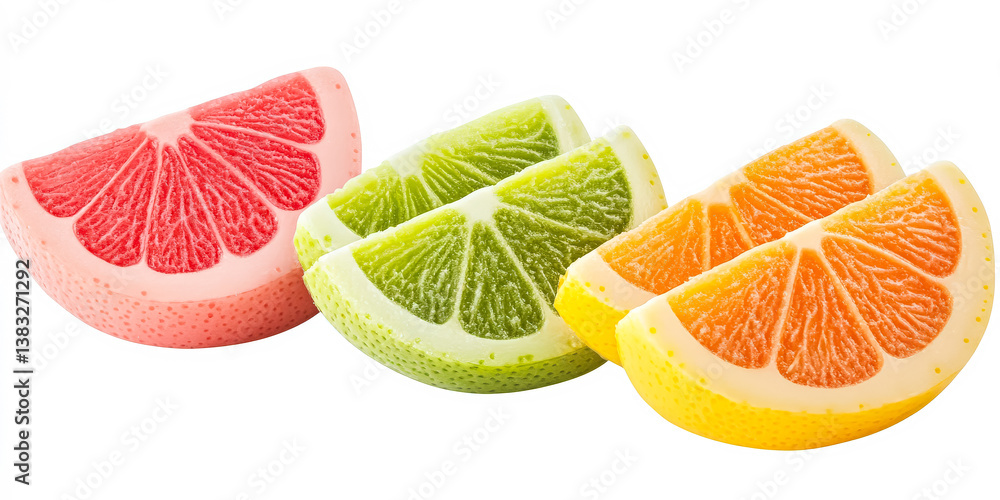 Poster three slices of fruit, one of which is a grapefruit. the other two are oranges. the fruit is arrange