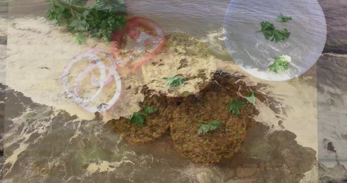 Ocean waves animation with vegetable patties, herbs, and onion slices floating