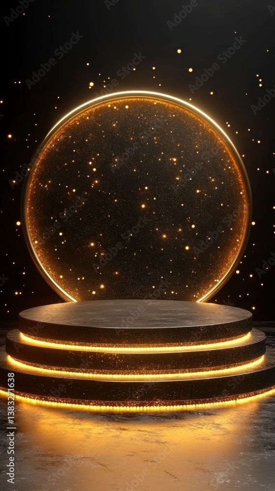 Poster elegant showcase podium with golden halo and sparkling particles for product display and presentatio