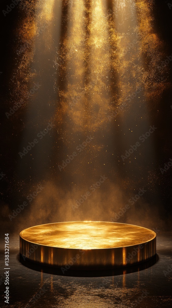 Poster radiant golden platform illuminated by ethereal light beams creating a dramatic and luxurious presen