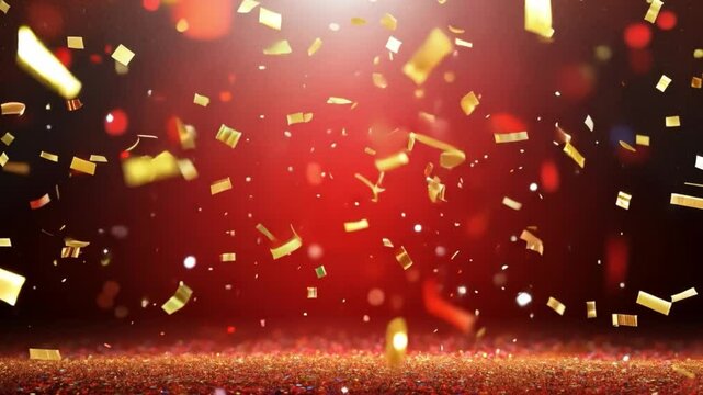 Abstract red festive background with golden confetti and streamers