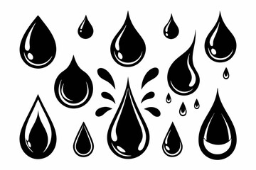Puddles drops splashing water. Dripping liquid elements, isolated black ink flow. Tears flowing vector and silhouettes, oil or rain drips