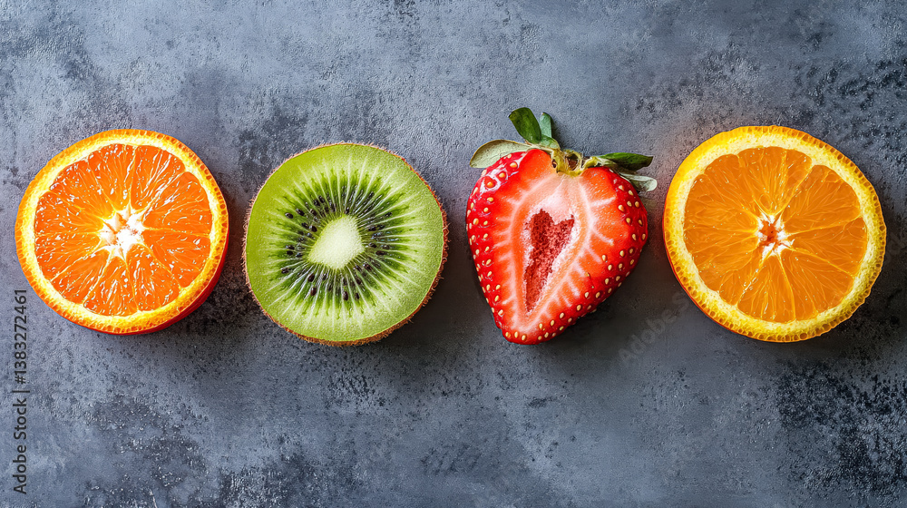 Aufkleber four different types of fruit are sliced and arranged on a gray surface. the fruits include a kiwi, 