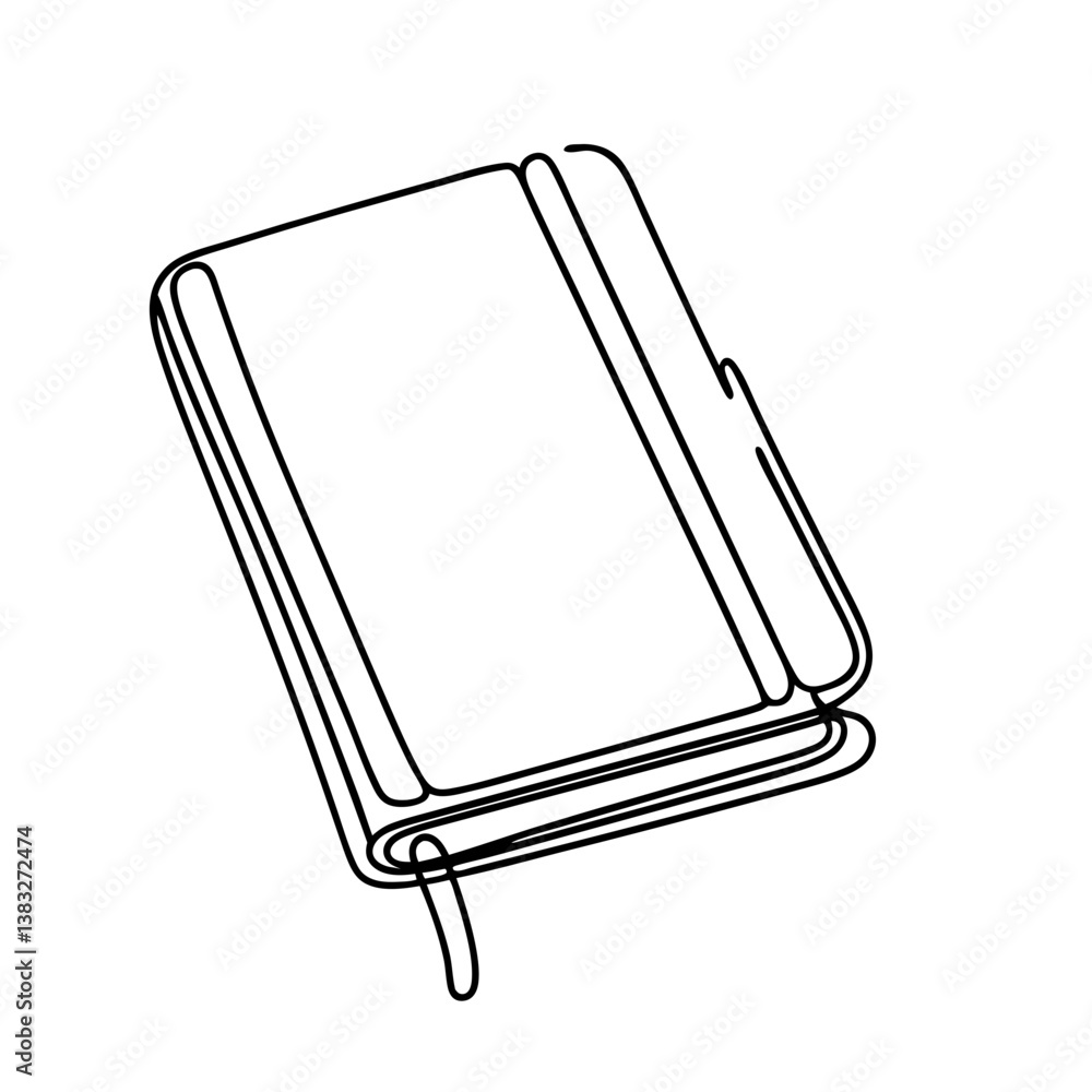 Poster continuous line drawing of an open notebook against a simple background