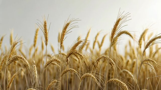 Golden ripe oat plant ears against a white backdrop, isolated from the background. Selective focus.