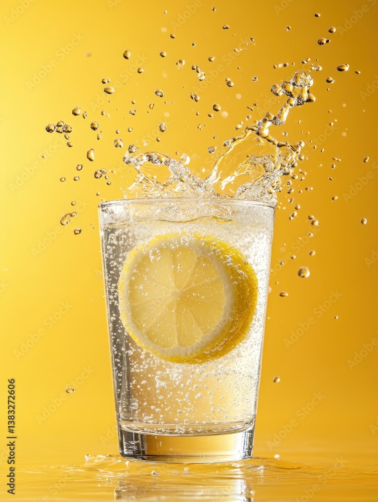 Poster refreshing lemon slice in sparkling water against a vibrant yellow backdrop creating a dynamic splas