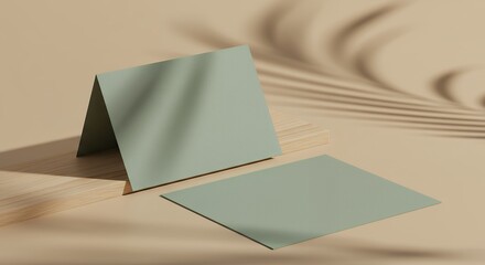 Elegant presentation of sage green greeting cards resting on a minimalist wooden platform with soft shadows providing a tranquil ambiance