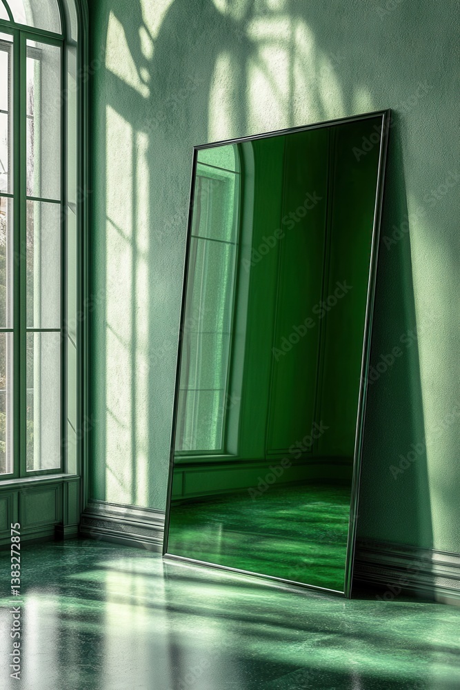 Aufkleber elegant emerald room with standing mirror reflecting light and shadow creating a serene and modern a