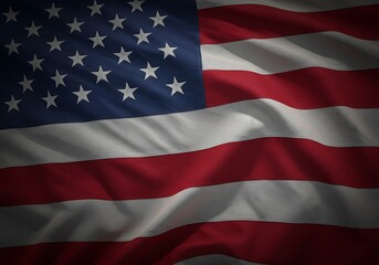 A majestic American flag billowing in the wind, a powerful symbol of freedom and national pride, with deep red and blue tones and dramatic lighting.