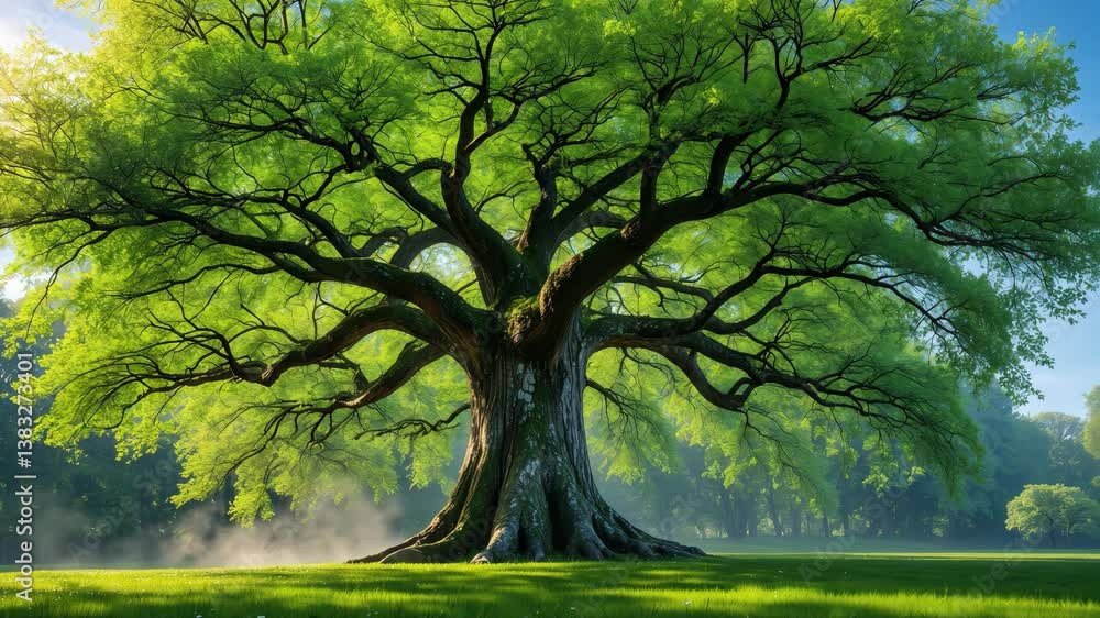 Poster beneath view of a tree trunk towards the lush green leaves of a large tree illuminated by sunlight. 