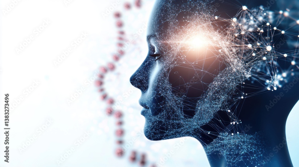 Poster biotechnology. abstract profile of a humanoid figure with glowing data streams and dna helix backgro