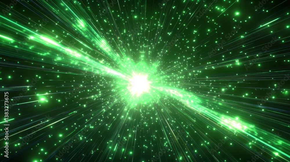 Poster green light speed cosmic tunnel abstract background with glowing particles and lines in dark space m
