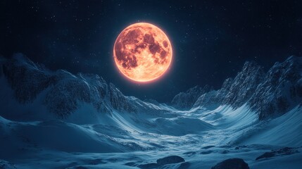Fototapeta premium Dramatic full moon rising over a snow covered mountain range casting a blue hue in a serene night landscape