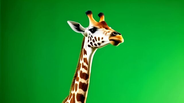Close-up of a giraffe's head and neck against a vibrant green screen, showcasing its unique spotted pattern and expressive eyes; concept for wildlife documentaries, zoological publications educational