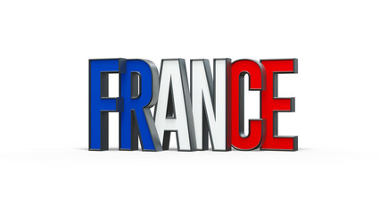 Logo FRANCE posé debout avec lettres bleues, blanches et rouges sur fond transparent - rendu 3D