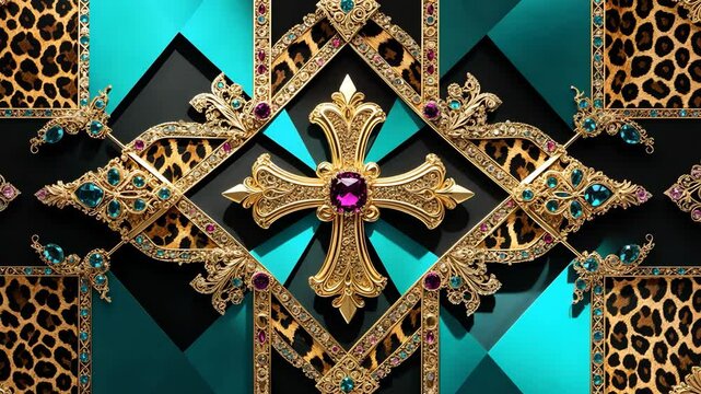 Baroque gold and leopard print featuring a geometric design.