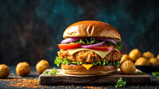 Gourmet chicken burger featuring cheese and vegetables. Mouthwatering delicious hamburger showcased in an video for restaurant d&eacute;cor, poster.