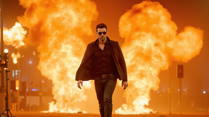 Cool man walking away from fiery explosion at night with sunglasses and confident attitude