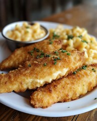 Golden Fried Cheese Curds with Creamy Macaroni Delightful Culinary Indulgence on Rustic Table