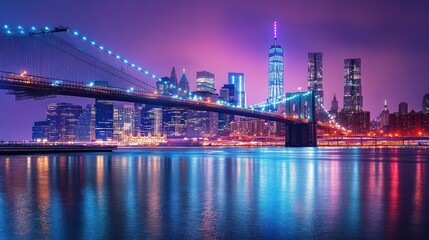 Naklejka premium Nighttime Brooklyn Bridge, Manhattan skyline, colorful lights, river reflection, travel poster
