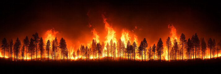 Obraz premium A wide shot of trees silhouetted against a fiery blaze, as a wildfire spreads through the forest