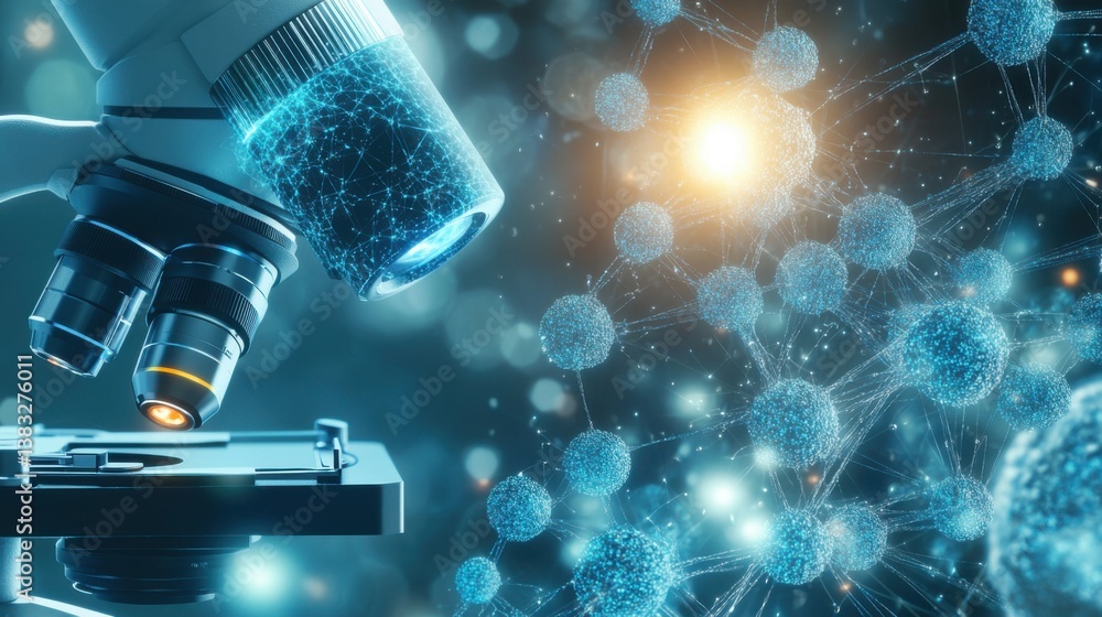 Poster biotechnology. microscope examining cellular structures in a blue digital network