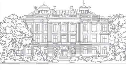 Grand mansion architectural drawing, leafy trees, city background, historical building design