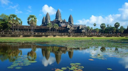 Angkor Wat reflection, Cambodia temple, tourists, sunny day, travel
