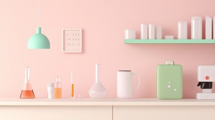 Biotechnology. Pastel Pink Minimalist Laboratory Setup with White Desk and Equipment