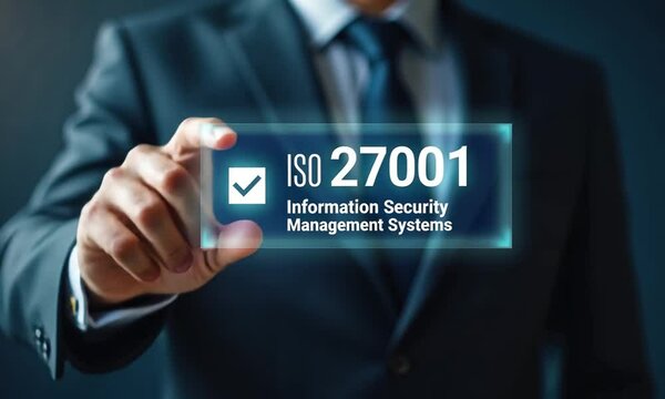 ISO 27001 concept. requirements, certification, management, standards. Businessman using tablet to choose ISO 27001 for information security management system (ISMS)