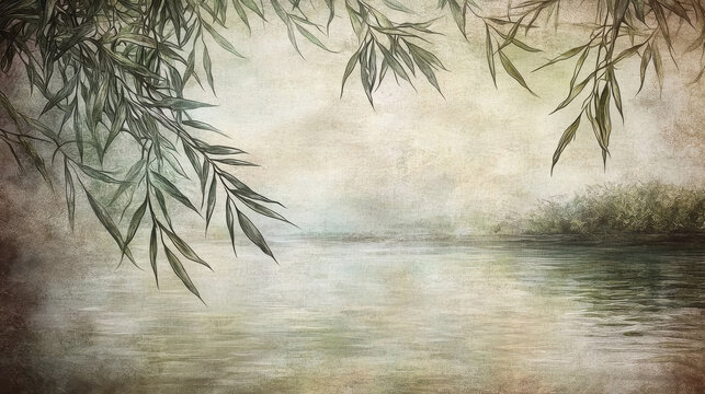 Background Serene watercolor landscape with willow branches over calm river