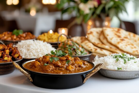 An exquisite Indian dinner spread featuring authentic curries, rice, and naan, plated beautifully and garnished with fresh herbs, perfect for a festive gathering.