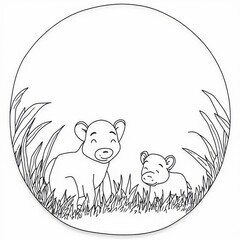 Fototapeta premium Dos oseznos, uno mayor que el otro, pasean en el campo, dibujo en blanco y negro para colorear, la imagen est√° encuadrada en un c√≠rculo, plantilla redonda