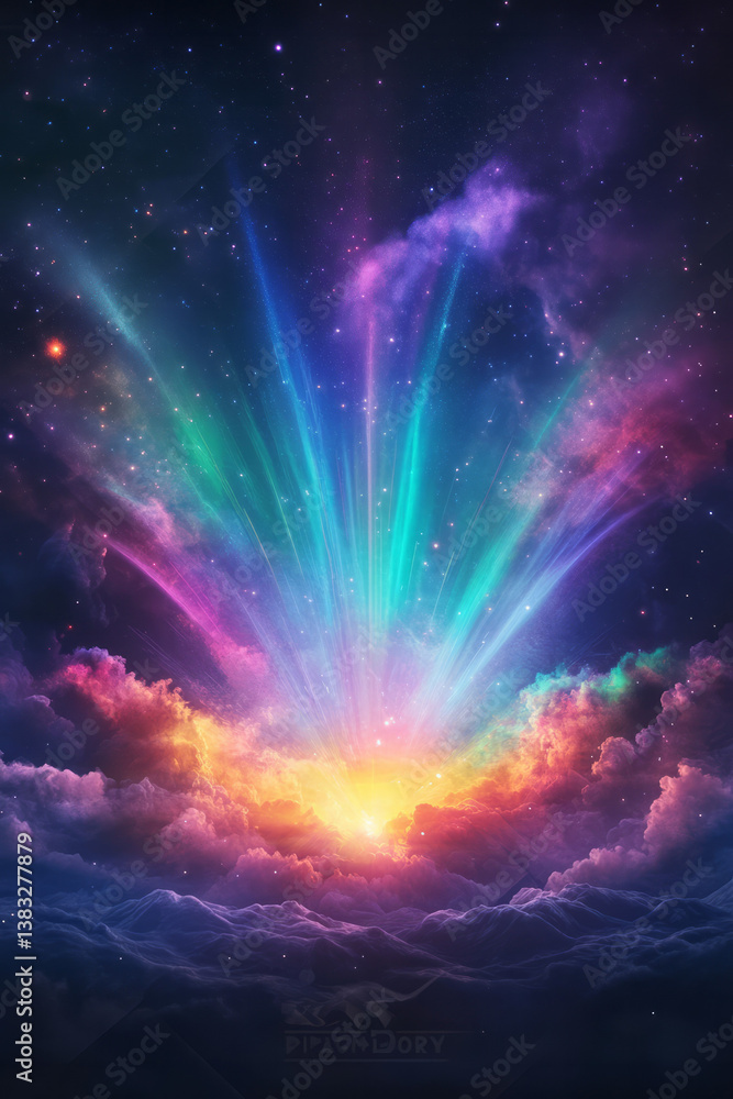 Aufkleber a cinematic galactic explosion with shockwaves and multicolored light beams bursting through the