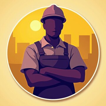 Silueta de hombre con casco y ropa de trabajo, overol, de brazos cruzados, medio cuerpo de frente, fondo de ciudad, sol atardecer, fondo amarillo, circular, sobre amarillo claro, trabajador, obrero