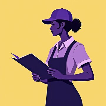 Silueta de mujer morena, medio cuerpo, perfil, en tonos morados, con gorra y coleta de caballo, estilo ilustraci&oacute;n, fondo amarillo, con cuaderno o bloc de notas, d&iacute;a del trabajador