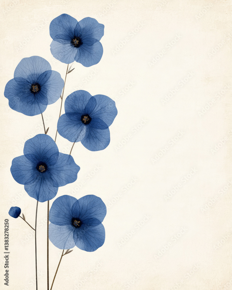 Aufkleber a botanical close-up of fragile blue flowers placed delicately on a textured cream background for a