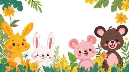 Naklejka premium Background Cute animal friends in floral frame with blank space for text