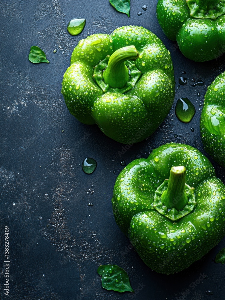 Poster vibrant green bell peppers with water droplets on a dark textured background in a studio setting wit