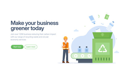 The landing page features an eco-conscious worker who recycles machine processing bottles, which is perfect for environmentally-focused websites and sustainability campaigns.