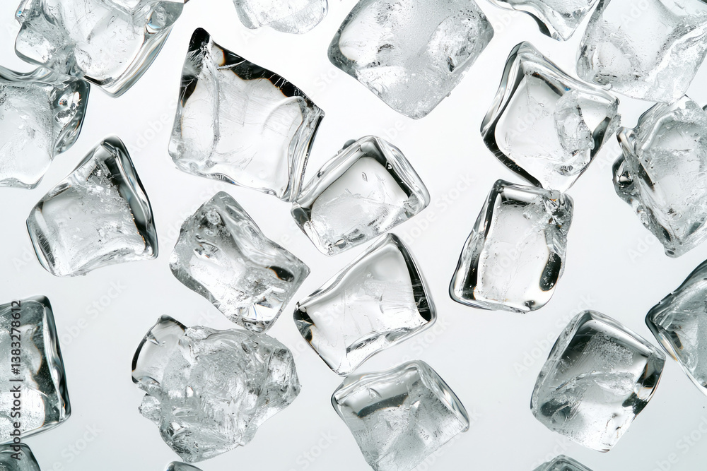 Poster a clean and refreshing close-up of crystal-clear ice cubes scattered across a glossy white