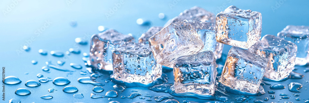 Fototapete a high-resolution image of melting ice cubes on a smooth surface with water droplets and a