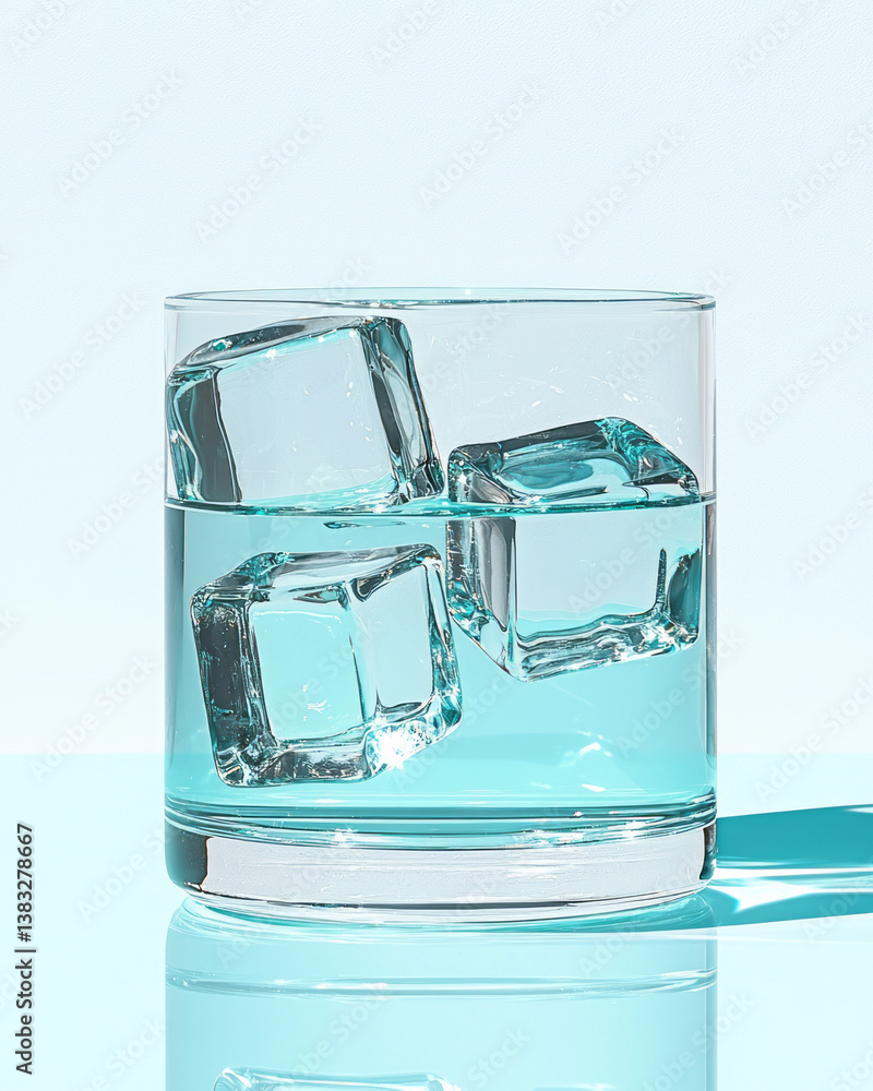 Poster a refreshing beverage concept image with ice cubes placed on a translucent surface, background