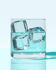 A refreshing beverage concept image with ice cubes placed on a translucent surface, background