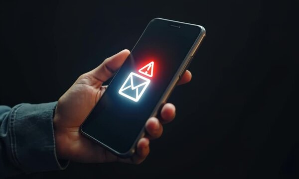 SMS spam, fake text message phishing from scammer concept. System hacked red warning alert, email hack, scam malware spreading virus on message alert virtual on mobile phone screen in person hand