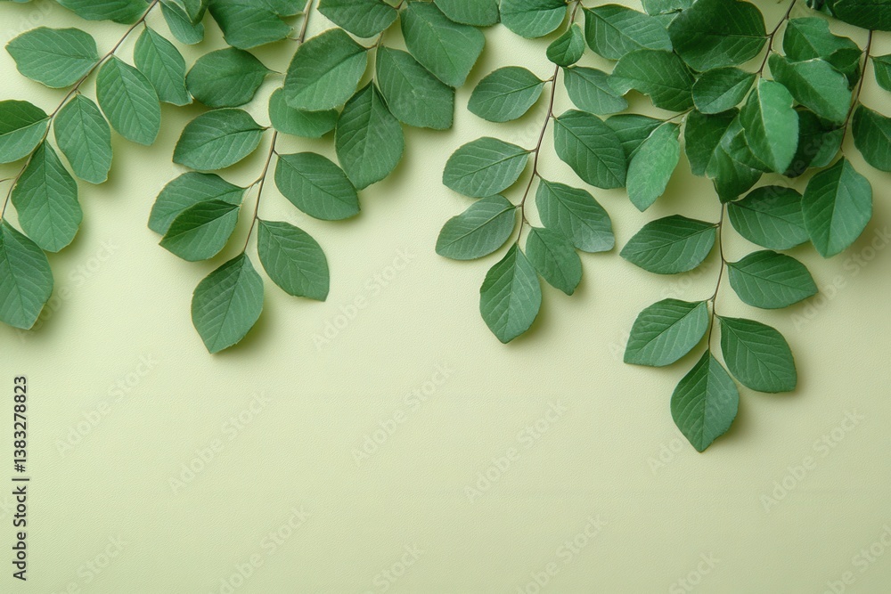 Poster serene green leaves on branches against a light green backdrop creating a calm botanical mood from a