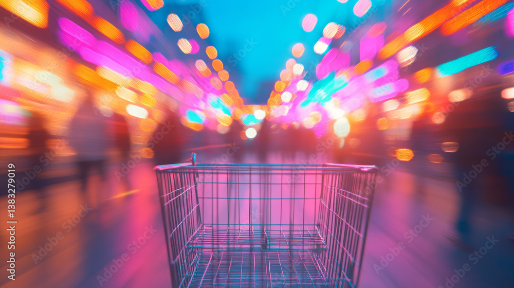 Poster A lightly abstract department store scene, where shopper movement and lights create a glowing