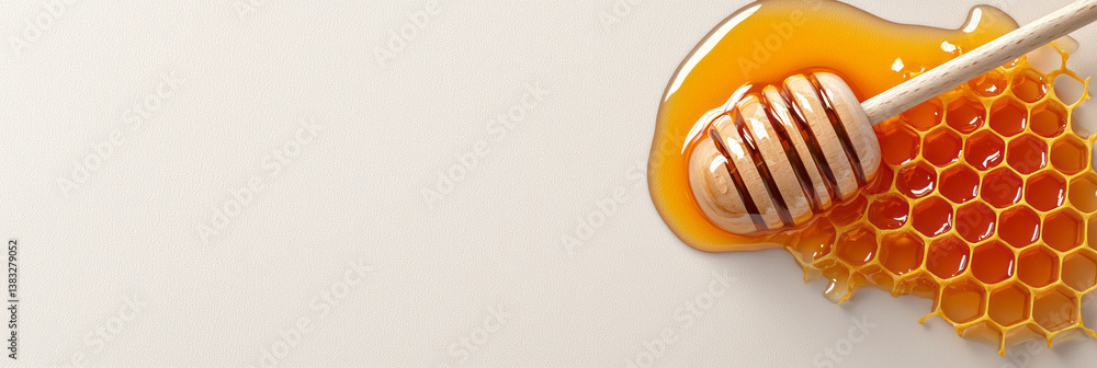 Poster a high-resolution image of a honeycomb chunk with honey flowing slowly, placed next to a classic
