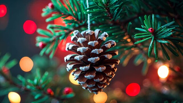 Frosted pine cone adorning a tree branch, lit up by holiday lights.